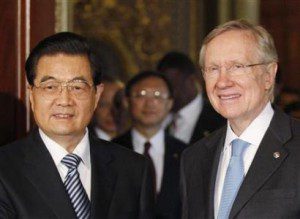 China's President Hu Jintao meets with U.S. Senate Majority Leader Harry Reid prior to a meeting with senators on Capitol Hill in Washington