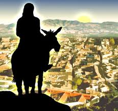silhouette of Jesus seated on a donkey overlooking Jerusalem  