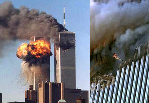 world trade center towers burning on 9-11-2001