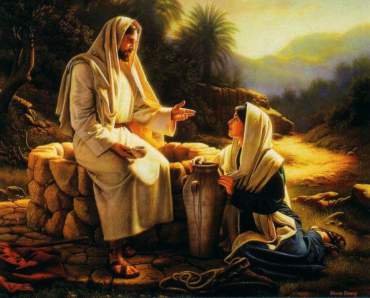 painting of Jesus sitting on brim of a well with a woman seated on the ground listening to the Lord