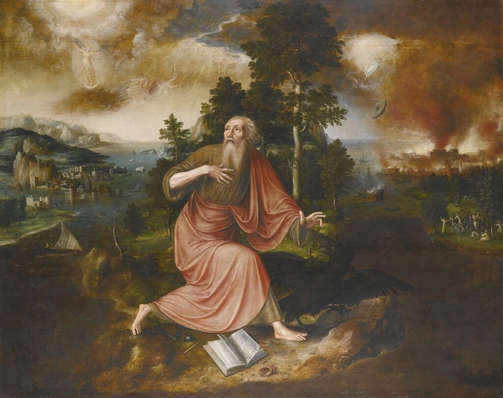 painting of John receiving the Apocalypse from heaven