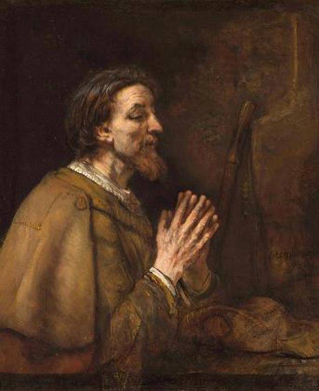 profile of James, kneeling in prayer, painting by Rembrandt