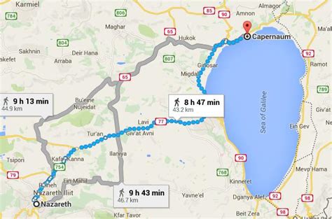 Google maps route from Nazareth to Capernaum