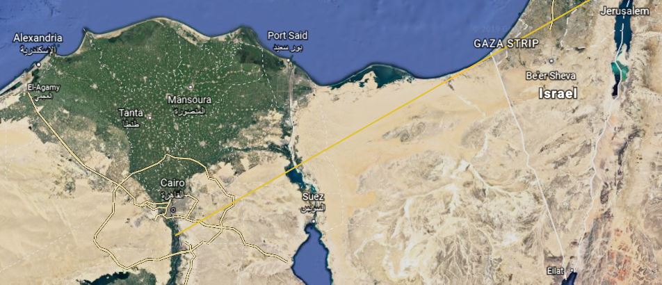 map of area from Bethlehem near Jerusalem to Egypt - 300+ miles