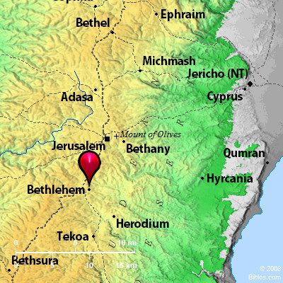map of Bethlehem, south of Jerusalem