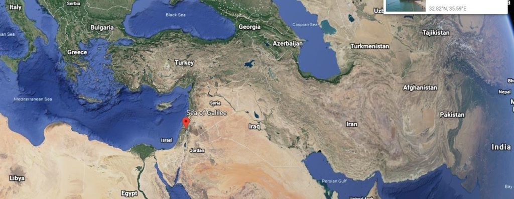 Sea of Galilee earth view as point between Italy on the Mediterranean and northern seas to Egypt to the south and lands to India in the east.