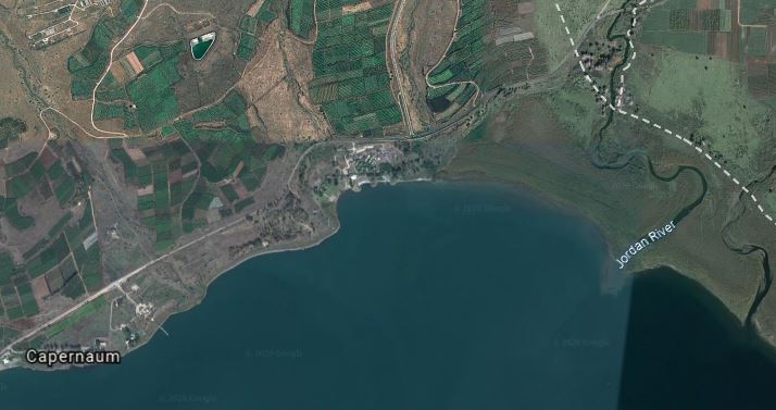 satellite view of of north end of the Sea of Galilee