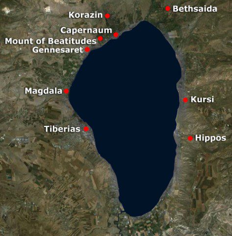 relief map of seashore surrounding Sea of Galilee with towns noted from  Tiberias on west shore to Bethsaida in hills to the north & Kursi on eastern shore