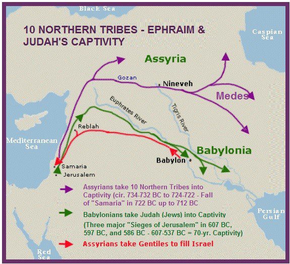 10 Northern Tribes - Ephraim & Judah's Captivity with map of routes
