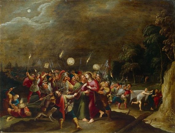 Judas-betrays-Jesus painting with crowds with torches