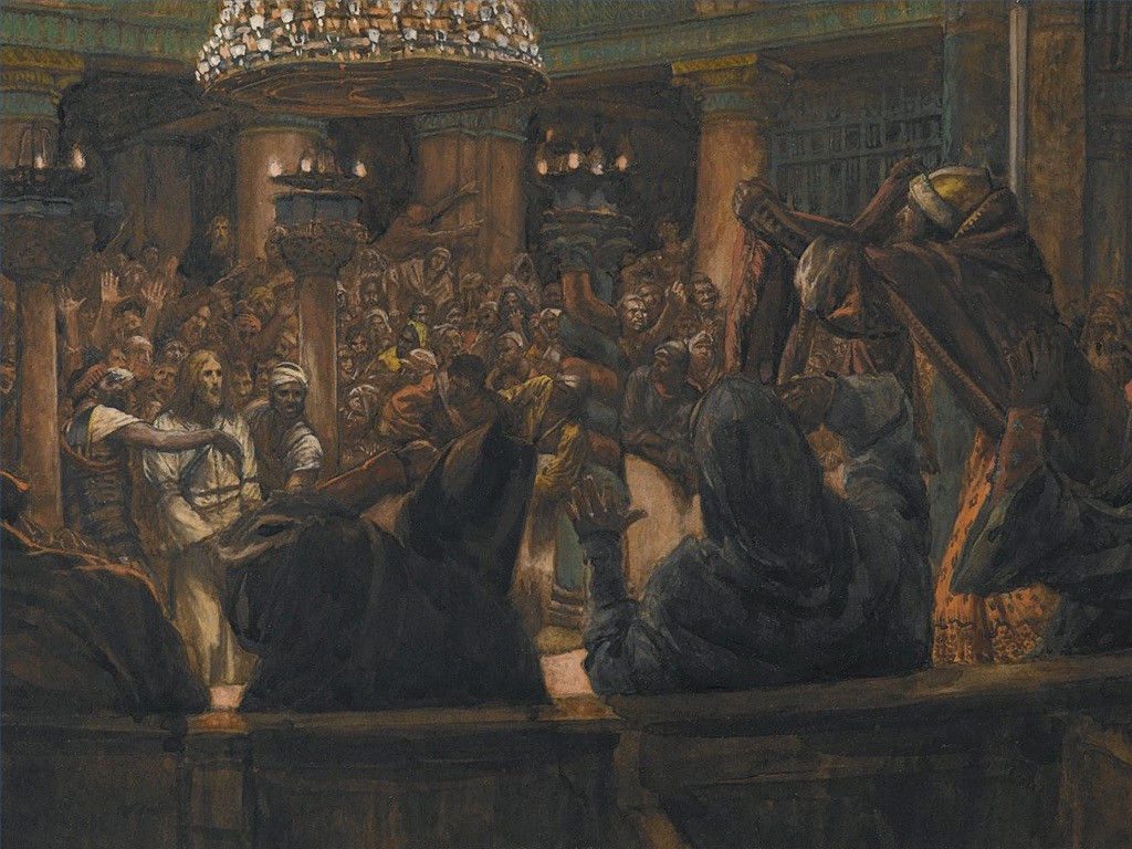 depiction of Jesus in a crowded room on trial by Caiaphas