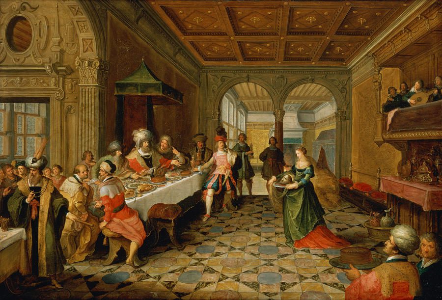 painting of scene of banquet table of Herod with Salome presenting head of John the Baptist