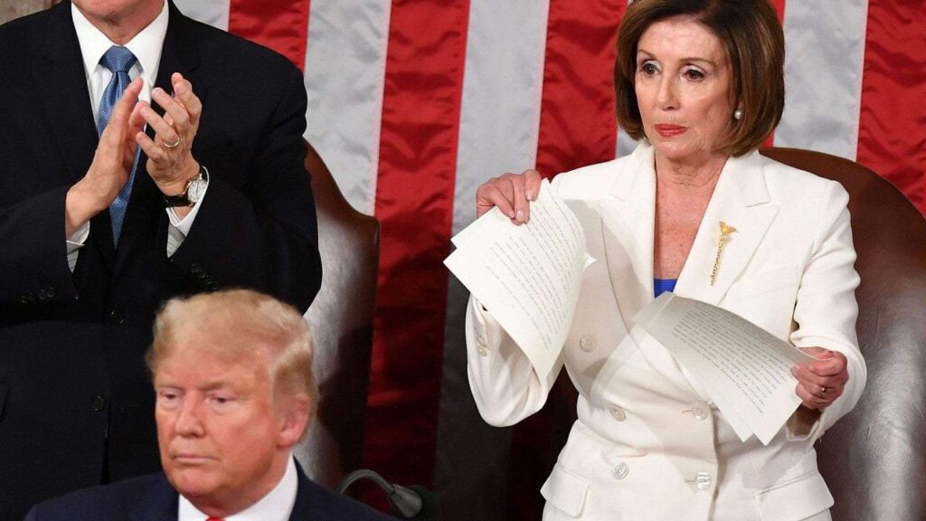 Trump State of the union address with Speaker Pelosi tearing up the President's speech text