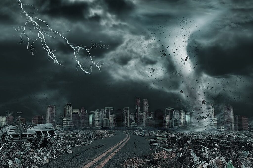 20th century natural disasters illustration of storm devastating city