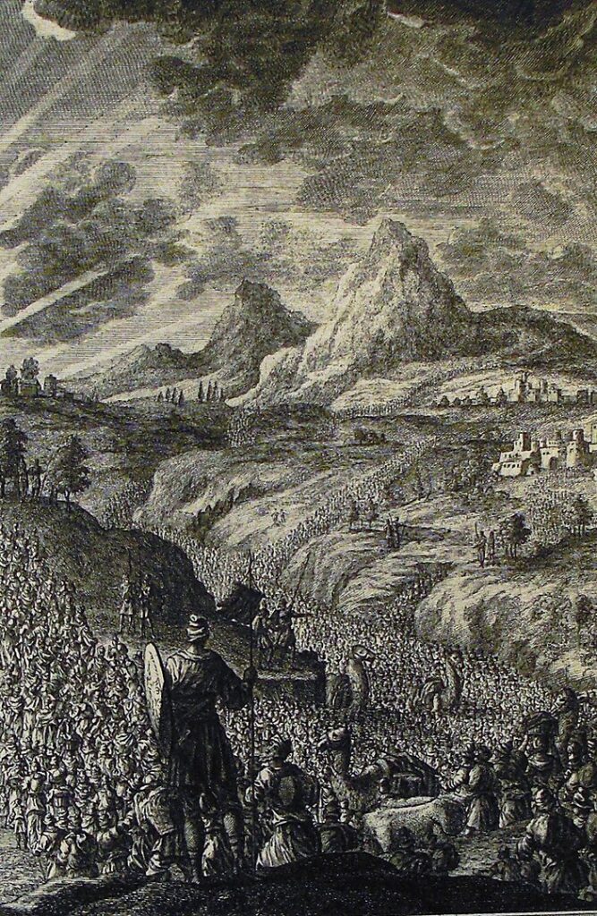 Joshua and Hebrew army on hill and in the valleys of the Jordan approaching Jericho