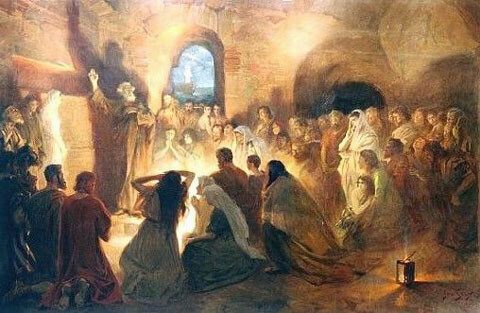 Peter preaching in candle-lit upper room in Jerusalem