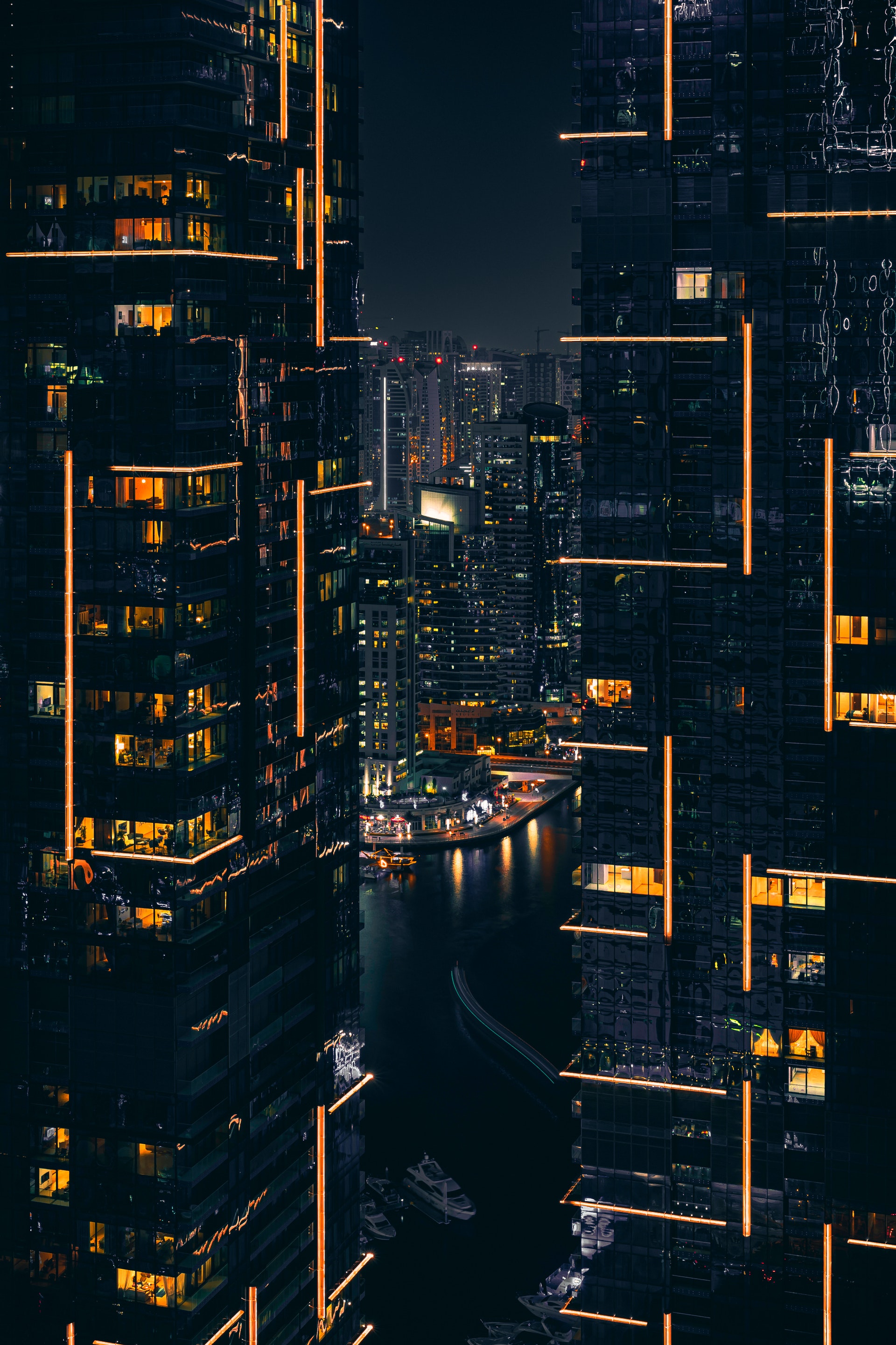 Dubai buildings lit at night