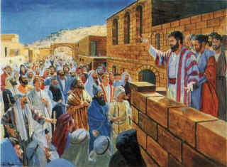 Peter preaching from a balcony in Jerusalem on pentecost
