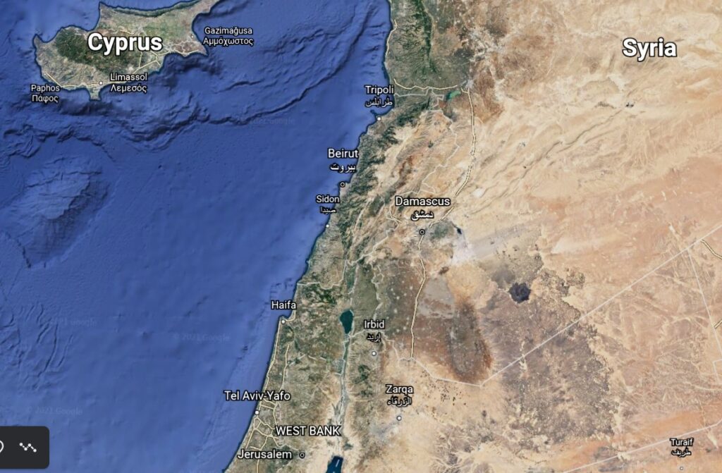 satellite map of mediterranean coast to Syria and Jerusalem where disciples began taking the gospel into all the world