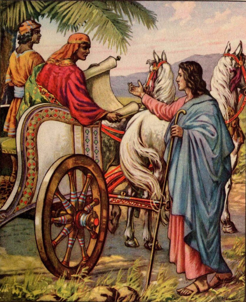 Philip and the Ethiopian official in his chariot on the road from Jerusalem in Gaza, reading the scroll of Isaiah before he is baptized