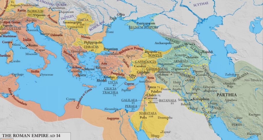 Roman Empire AD14 with Parthia to the east beyond Roman Syria