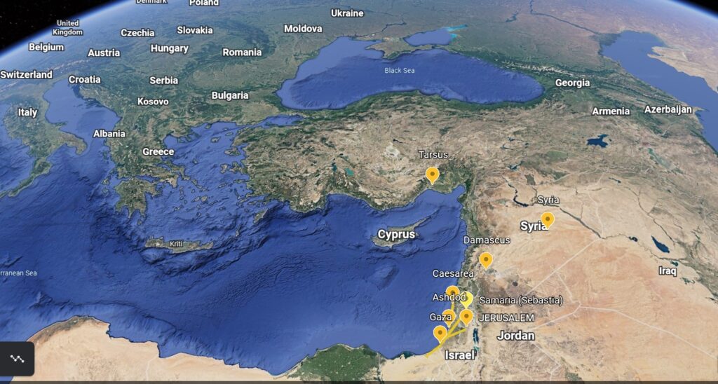 google earth map of the eastern mediterranean including Cypress, Tarsus & some cities in Syria, Israel, Greece, etc. under the influence of Rome and the world beyond