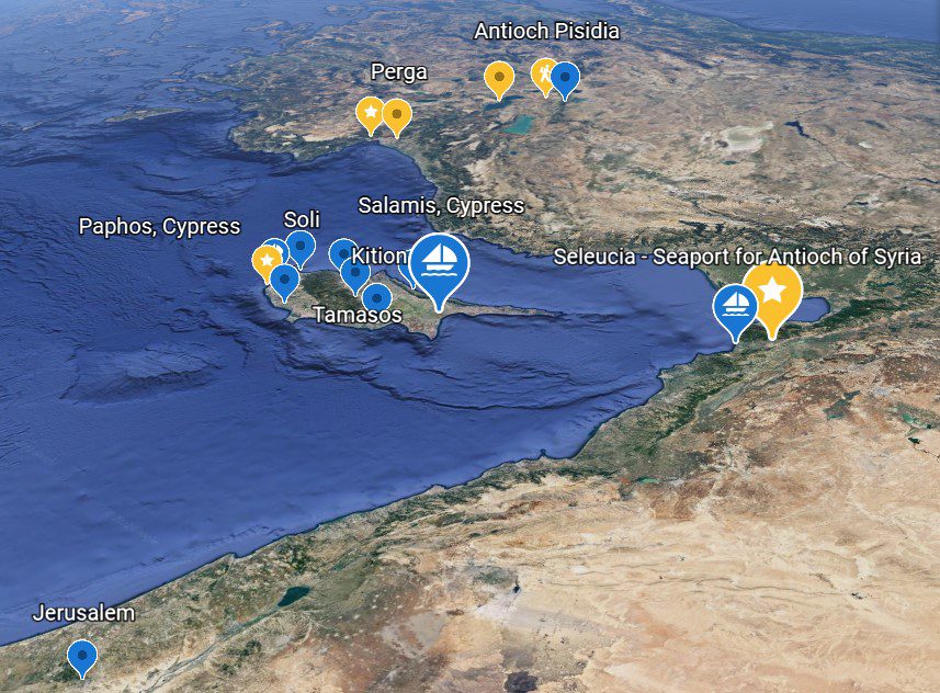 map of Mediterranean coastline - Jerusalem, Antioch Syria Cypress & Antioch Pisidia on Paul's first missionary journey