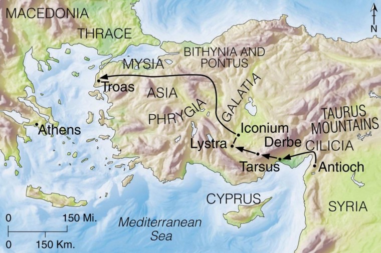 2nd missionary journey of Paul from the central plain near Derbe to departure point from Troas to Europe from Asia Minor (Turkiye)