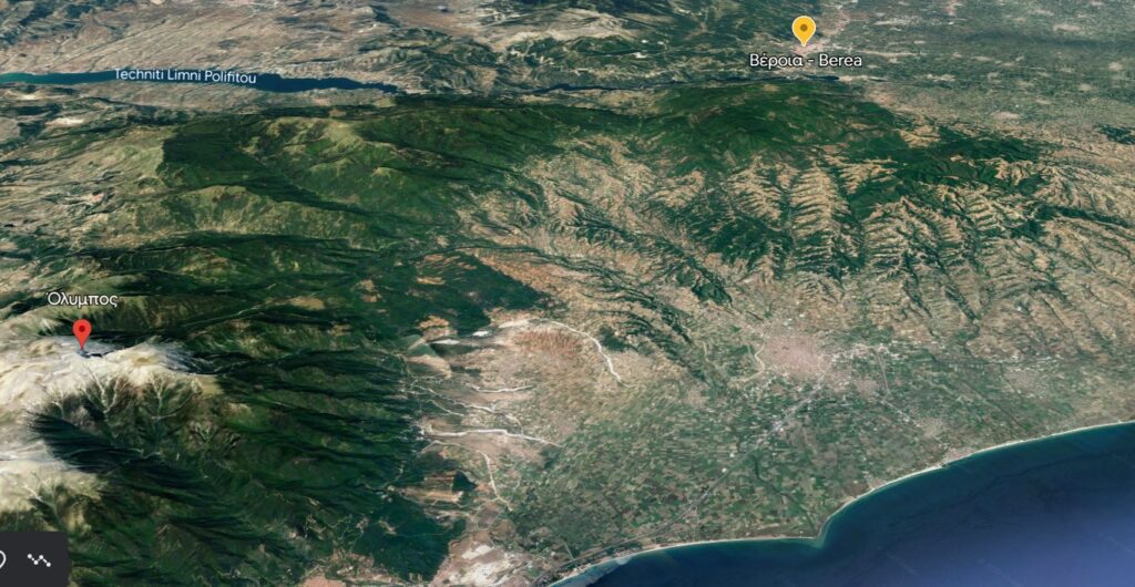Google Earth View of Mount Olympus, Olympus mountains toward Berea