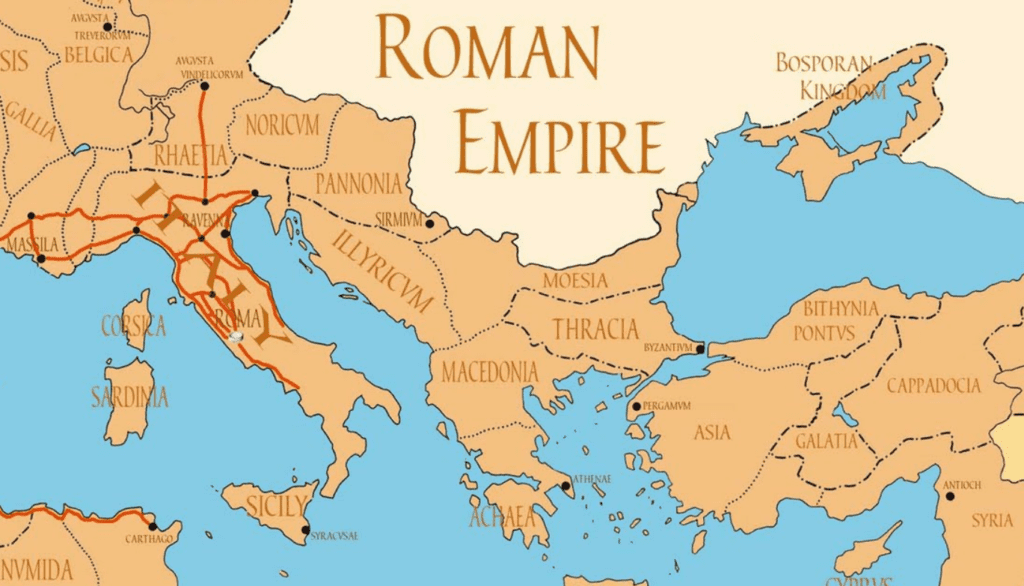 Districts of the Roman Empire including Italy, Macedonia, Asia, Achaia, Syria, Galatia and more..