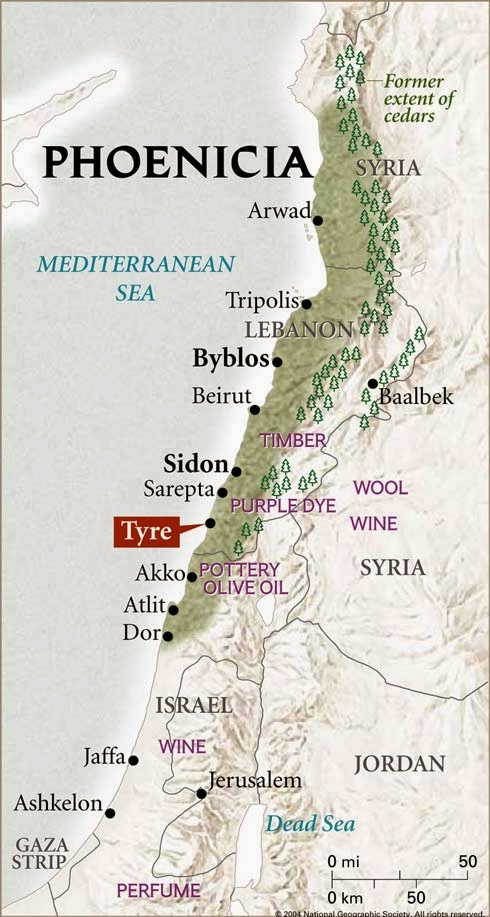 Phoenicia along the coast of modern-day Lebanon with the important ports of Tyre and Sidon 