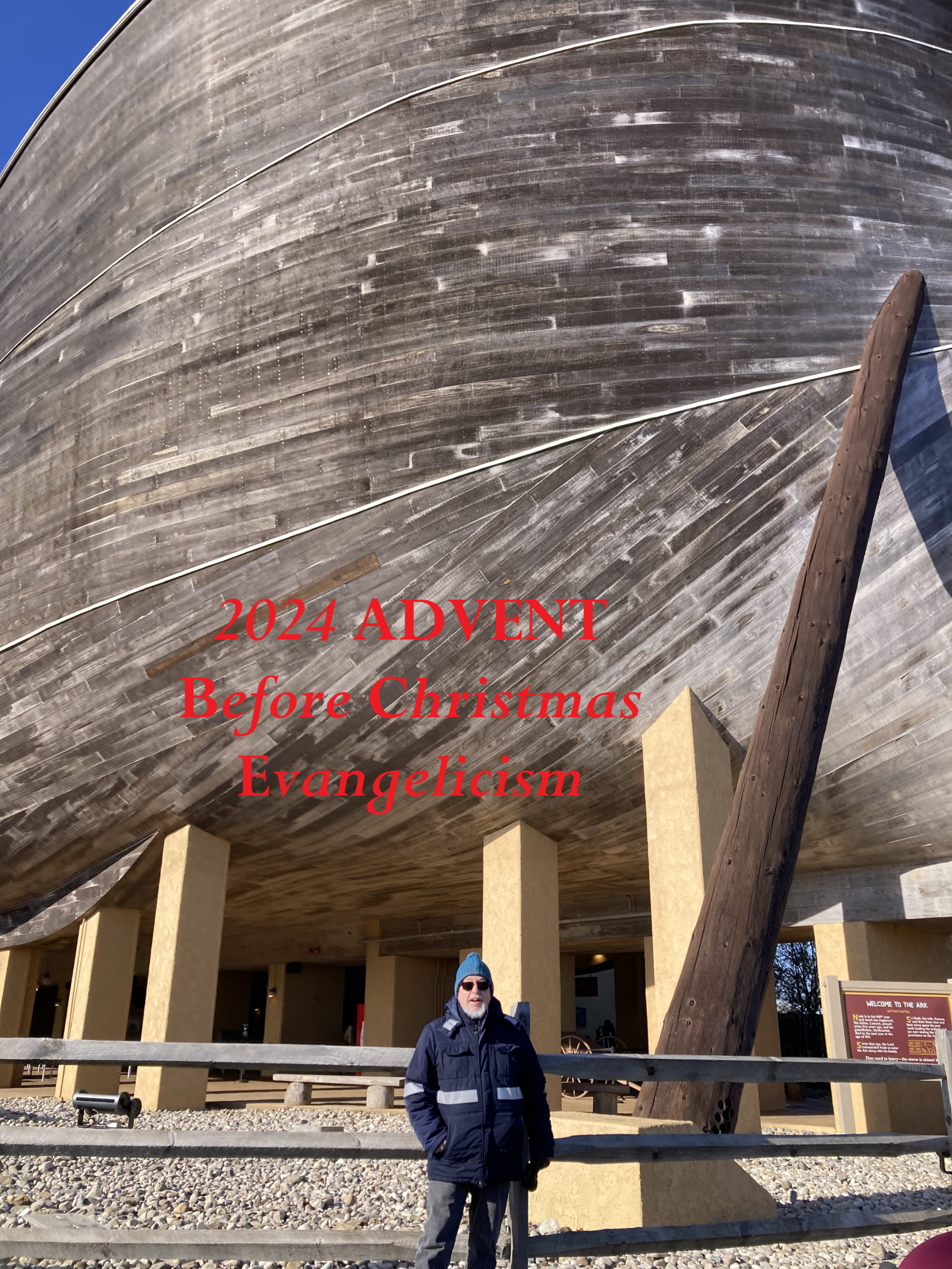 Man standing beneath the hull of Noah's ark before the flood lifts it above the earth