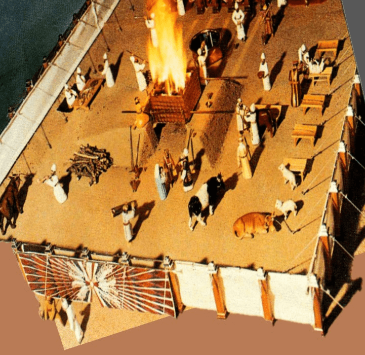courtyard of the tabernacle in the wilderness with animals readied for sacrifice to the LORD by the Levitical Priests