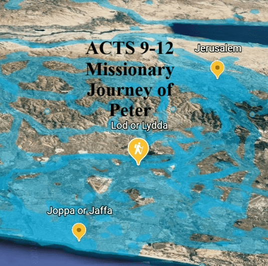 Acts 9=12 Missionary Journey of the Apostle Peter map with Lydda and Joppa