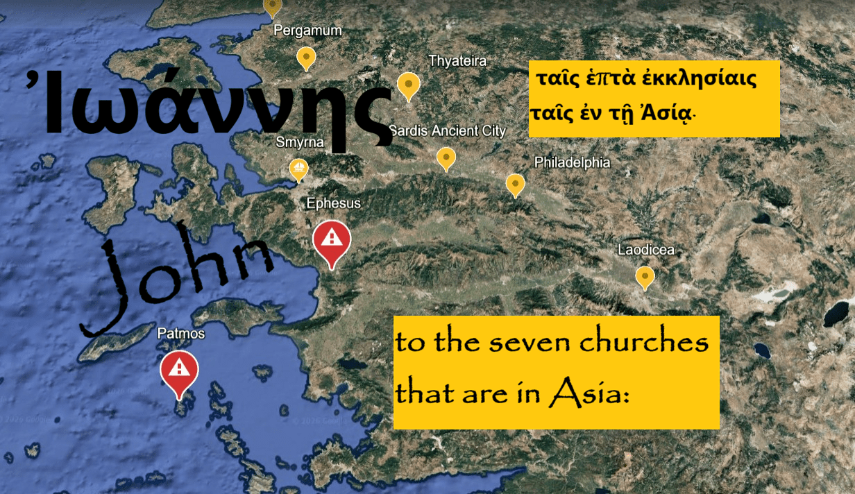 John to the seven churches which are in Asia: map with cities pictured and the island of Patmos