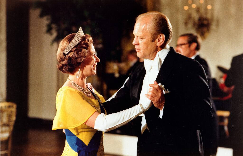 HRH Queen Elizabeth waltzing with US President Gerald R Ford during the US Bicentennial