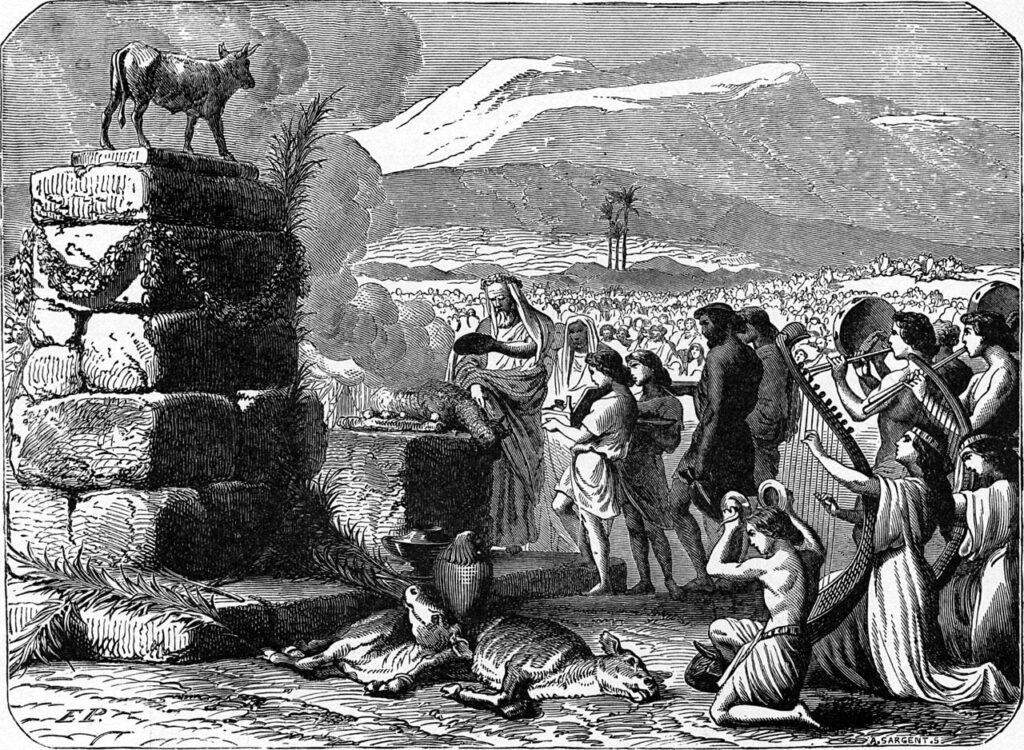 Aaron, Priest and brother of Moses, and the Hebrew people worshipping a golden calf while Moses is on Mount Sinai with the LORD