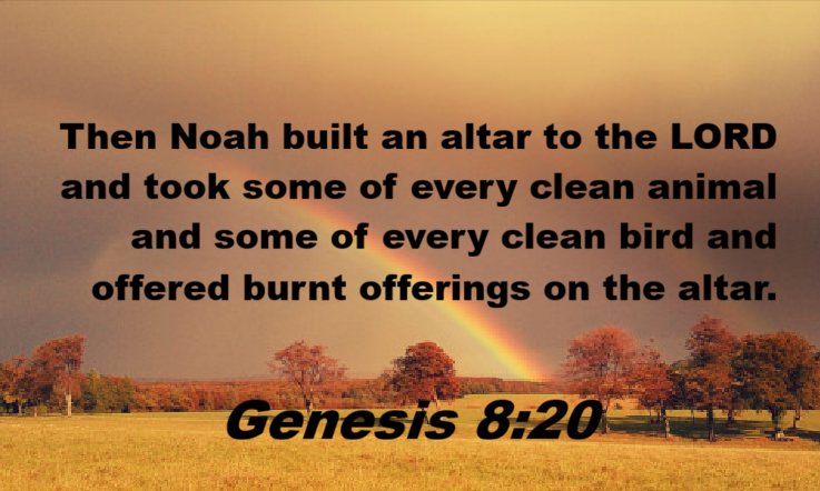 After the flood.. Then Noah built an altar to the LORD and took some of every clean animal and some of every clean bird and offered burnt offerings on the altar. Genesis 8:20 dry land with a rainbow sign of the LORD's covenant with man on the horizon
